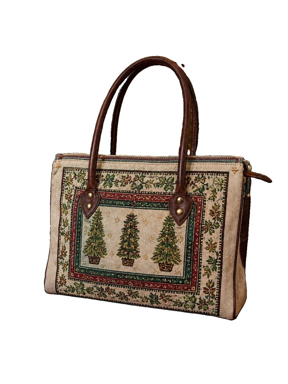 Vintage Sander Bags Christmas Topiary Tapestry Shoulder Bag Dbl Leather Handles